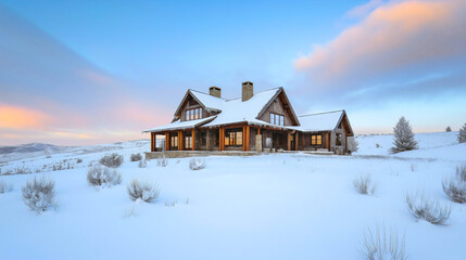 Scenic winter house landscape, snowy residential mountain estate architecture, rural countryside property nature view, peaceful outdoor residence, picturesque homestead setting