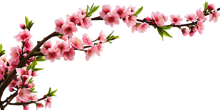 Peach tree branch adorned with pink flowers along the corner border, set on a white background.AI GENERATED