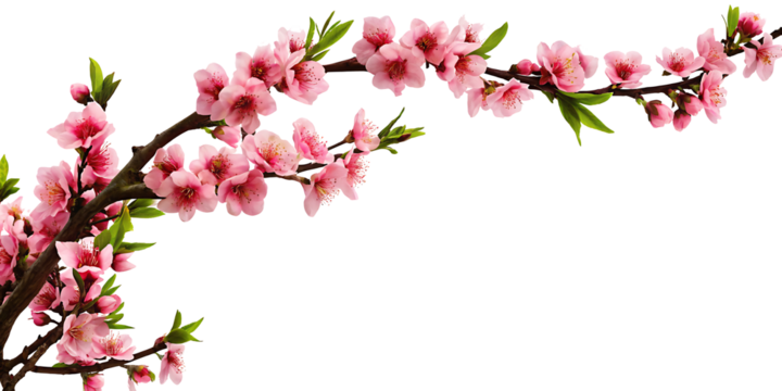 Peach tree branch adorned with pink flowers along the corner border, set on a white background.AI GENERATED