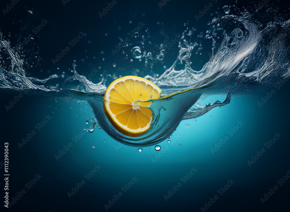 Aufkleber a vibrant lemon slice, halved, creates a dynamic splash as it enters clear water. the contrasting co