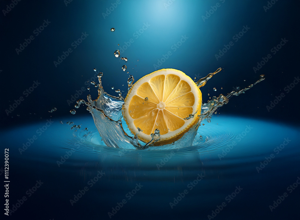Poster A vibrant lemon slice creates a dynamic splash in a deep blue liquid.  The image showcases the citrus fruit's juicy interior and the energy of the impact.