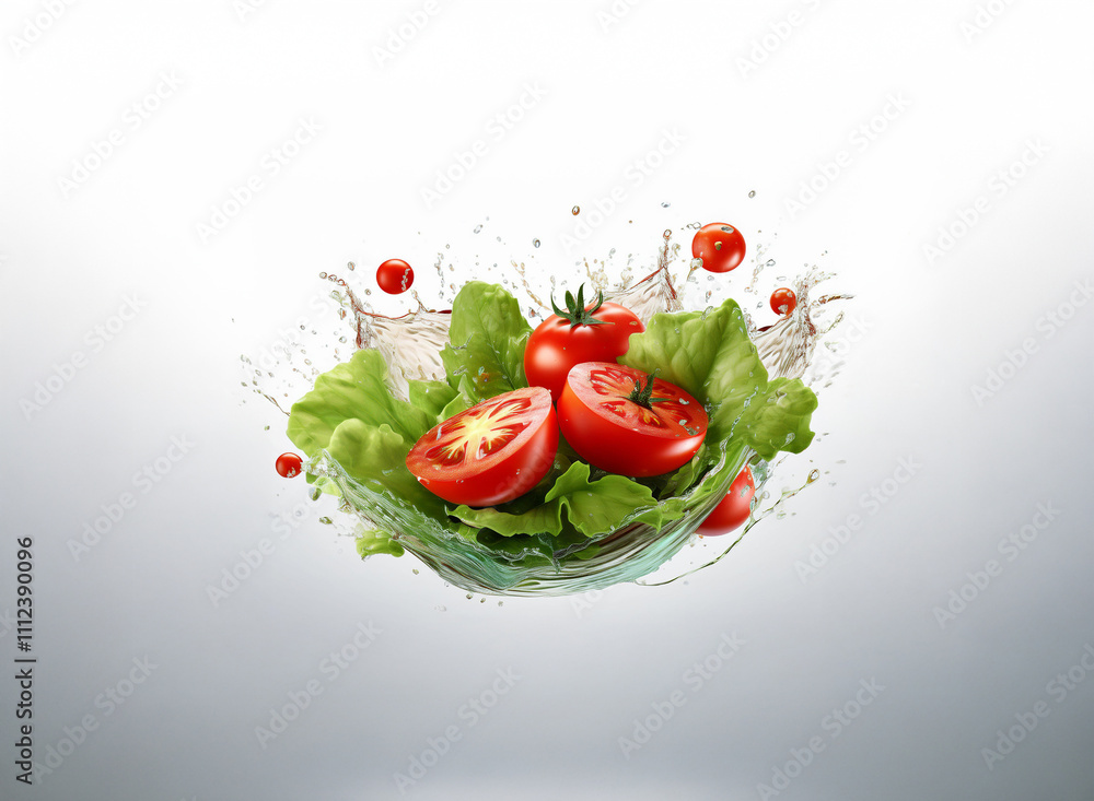 Poster fresh red tomatoes and green lettuce leaves suspended in a dynamic splash of liquid, creating a vibr