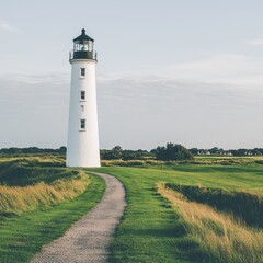 Tall white lighthouse on grassy field with path.