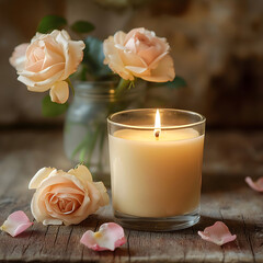 Candle beside a Vase of Soft Pink Roses - Candle Mockup - Generative AI