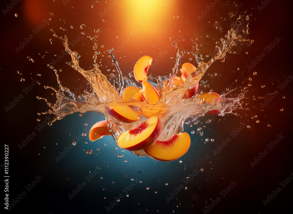Poster juicy peach slices explode in a vibrant splash of liquid, creating a dynamic, colorful composition a