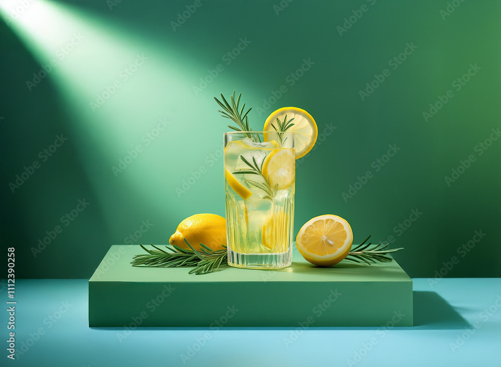 Poster refreshing lemonade with rosemary garnish sits on a teal platform, illuminated by a spotlight agains