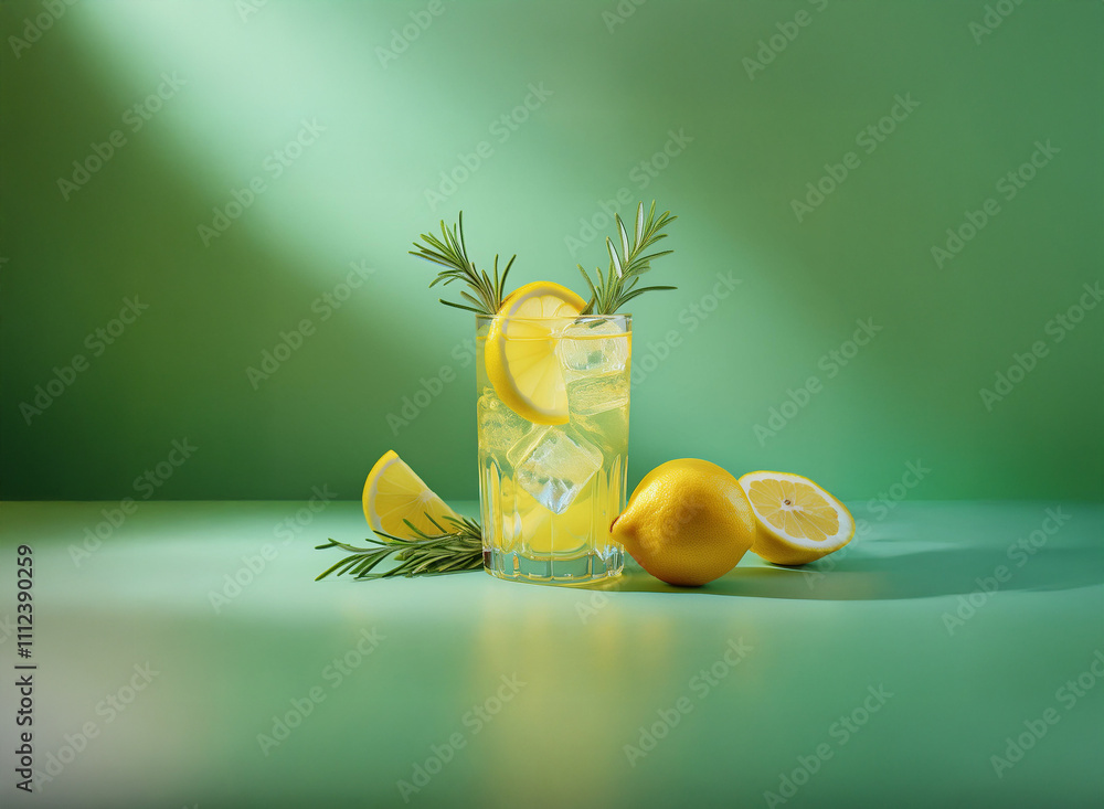 Poster refreshing lemonade with ice and rosemary garnishes sits on a mint green background, illuminated by 