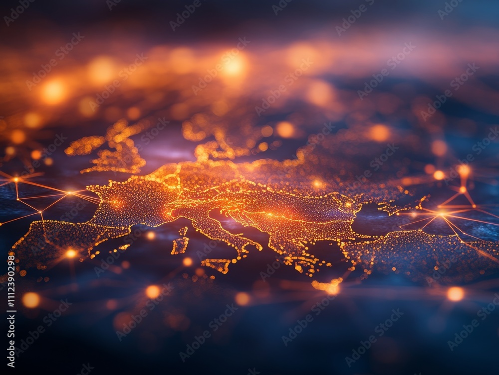 Leinwandbilder A wide-angle view reveals a glowing digital map of Europe illuminated by connecting lines and nodes, representing intricate data networks in a dark blue gradient