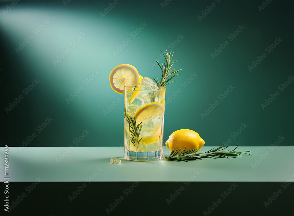 Poster refreshing lemonade with rosemary garnish in a tall glass, sits on a teal surface against a moody te