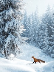Serene Winter Scene Featuring a Fox Walking Through a Snow-Covered Forest with Pine Trees and Gentle Snowfall Under Bright Light