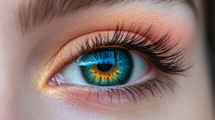 Obraz premium A close-up of a woman's mesmerizing blue eye, capturing the intricate details of her iris, eyelashes, and flawless skin