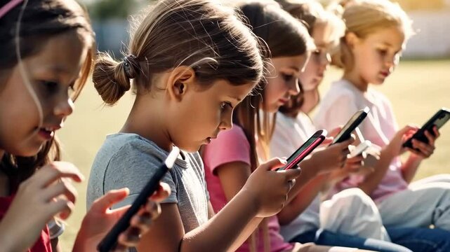 Group of children intensely focused on smartphones outdoors, highlighting digital addiction and its impact on childhood experiences and social interaction