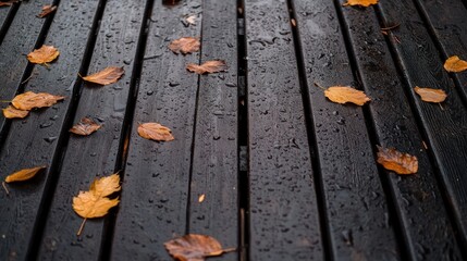 Autumn Leaves on Wet Wooden Deck