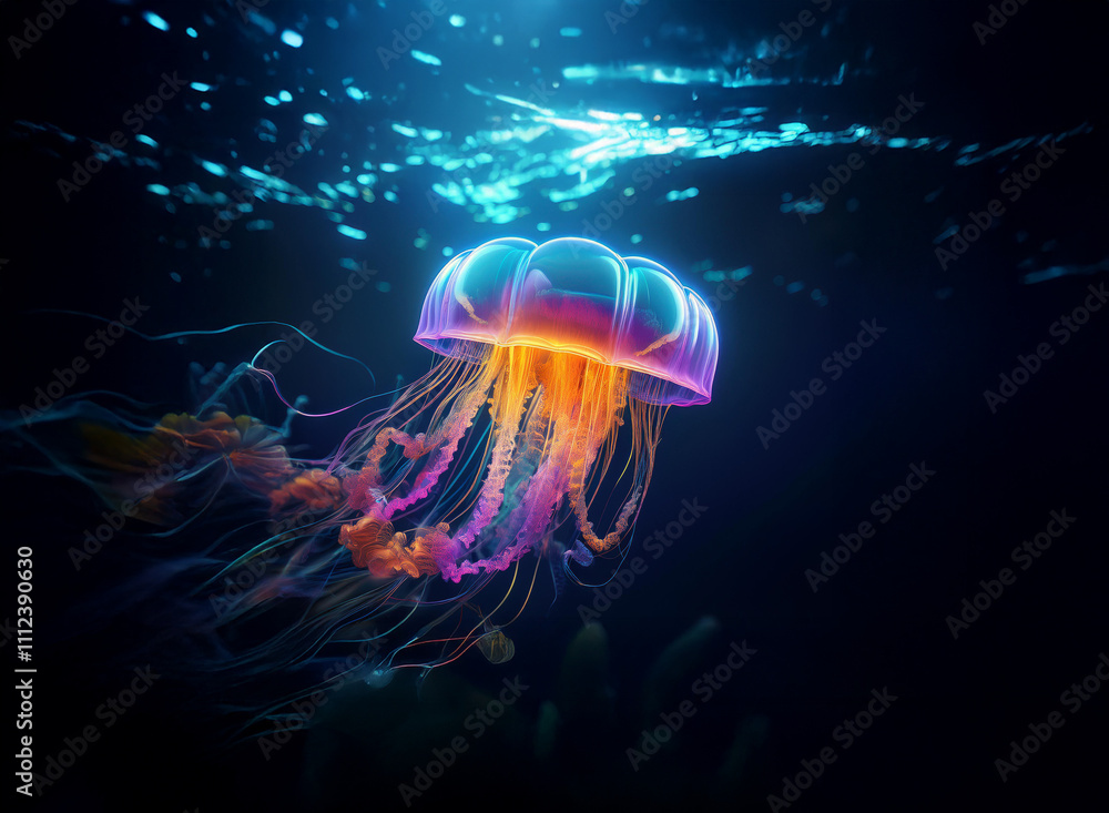 Poster a bioluminescent jellyfish gracefully floats in the deep ocean, its vibrant tentacles trailing in th