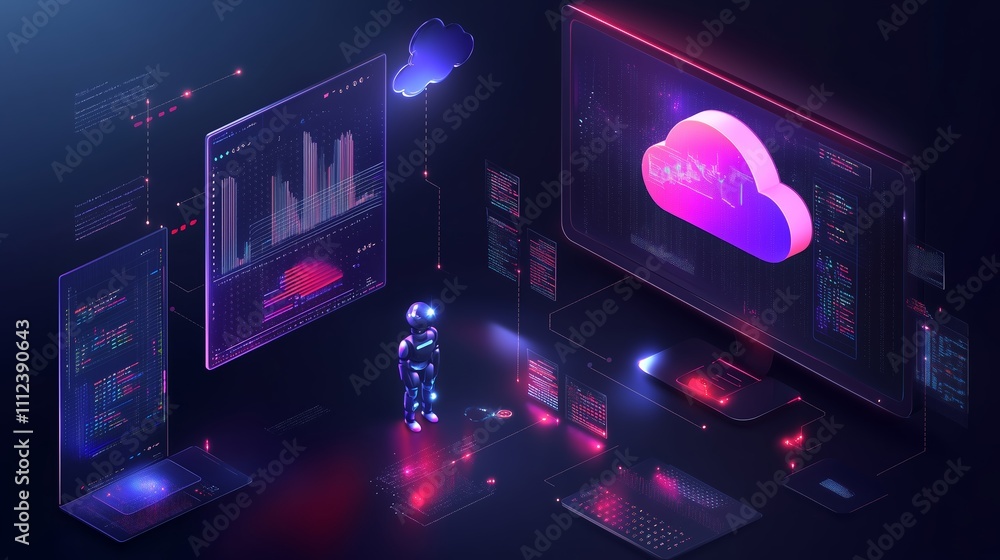 Poster virtual assistant interacts with cloud technology in a futuristic digital workspace showcasing data 