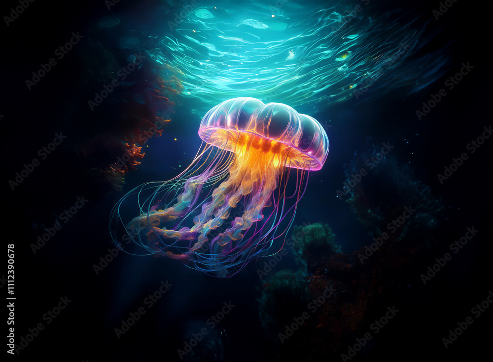 Poster a bioluminescent jellyfish glows vibrantly in the deep ocean, its tentacles trailing elegantly amids