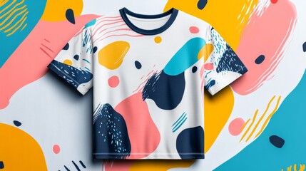 Trendy T-shirt mockup with fashion-inspired prints and modern design elements, showcasing fabric texture and vibrant visuals for apparel marketing and custom design promotion
