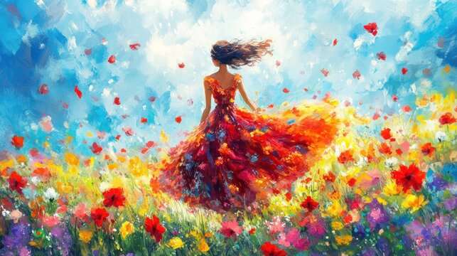 A woman in a red dress walks through a field of flowers, with the wind blowing her hair and dress.