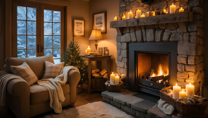 Cozy winter living room with a stone fireplace, candles, and a festive atmosphere
