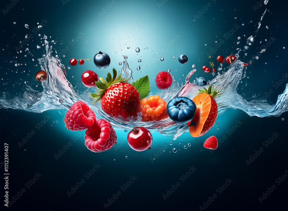 Aufkleber vibrant mix of fresh berries and fruit splashing into clear water, creating a dynamic and juicy scen