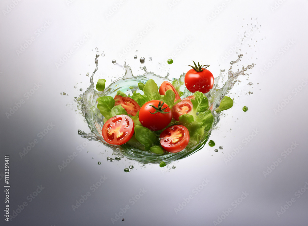 Aufkleber fresh salad ingredients suspended in a dynamic water splash. vibrant red tomatoes and crisp green le