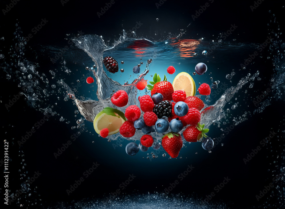 Poster vibrant berries and citrus fruit burst into a splash of water, creating a dynamic, underwater scene.