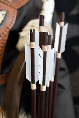 Wooden arrow with  feather fletching . Close up view