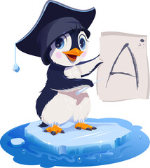 Bird teacher penguin show letter alphabet english lesson. Vector cartoon illustration isolated on white