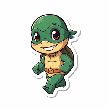 A chibi superhero turtle in a green suit, slowly but surely moving forward, with a determined smile, in sticker style with a white background.
