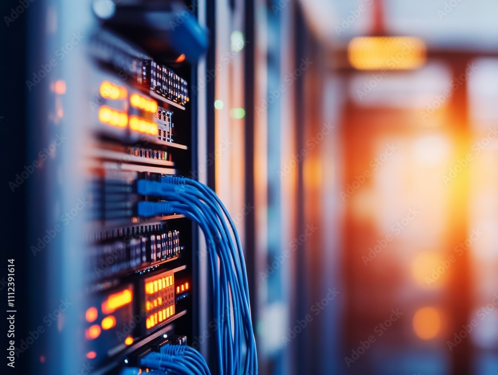 Poster Neatly arranged blue cables connect glowing network switches in a structured data center aisle under industrial lighting, providing a clean and organized appearance