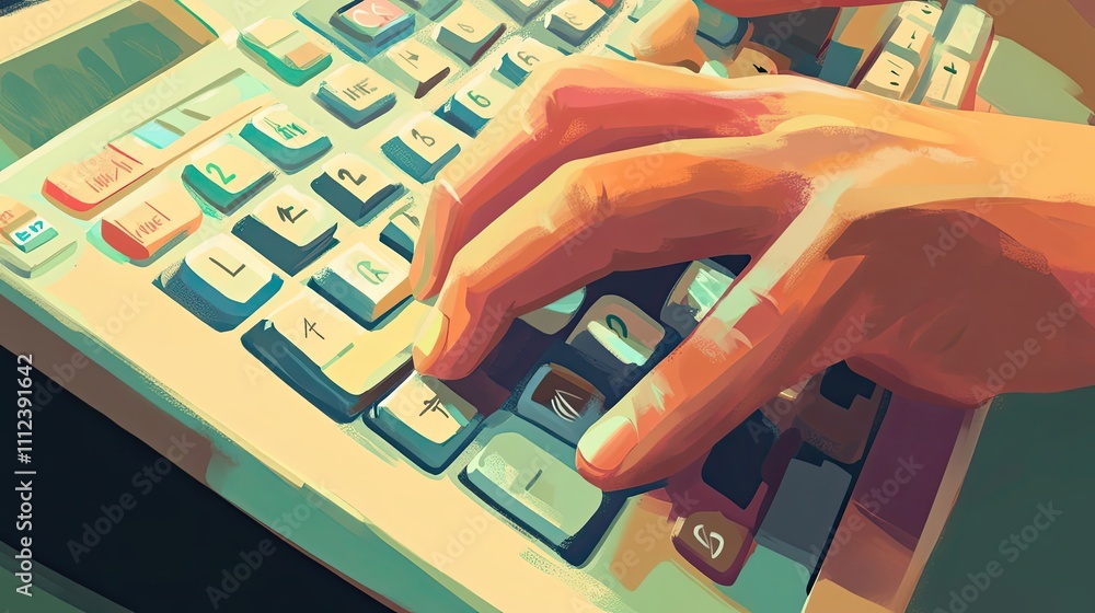 Poster hands using an old style calculator device