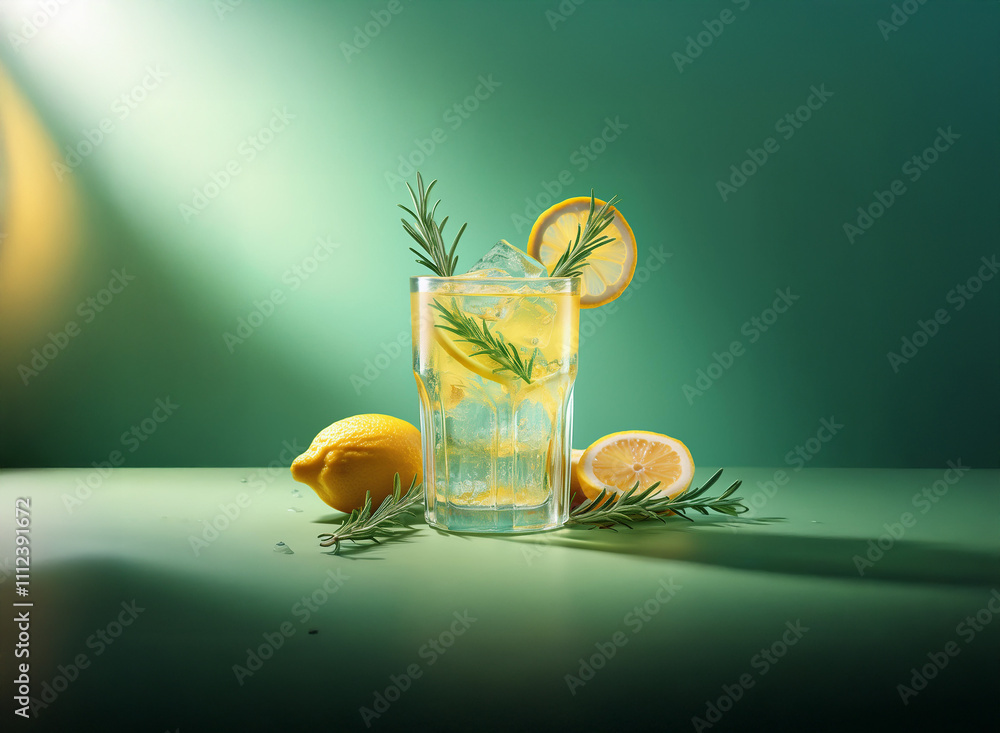 Poster refreshing lemon rosemary drink in a tall glass with ice, garnished with lemon slices and rosemary s