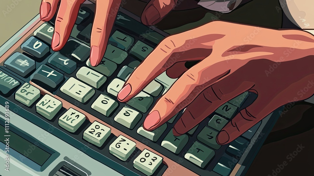 Aufkleber hands using an old calculator device