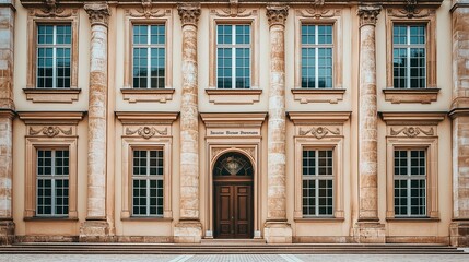 Fototapeta premium International court facade with grand architecture and flagpoles, symbolizing justice and global cooperation in resolving disputes.