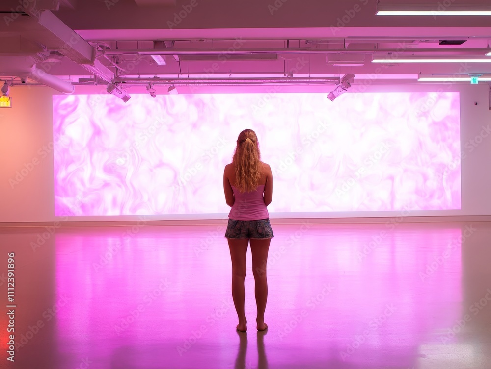 Aufkleber a woman stands in a dimly lit gallery, mesmerized by vibrant abstract patterns from a large art proj