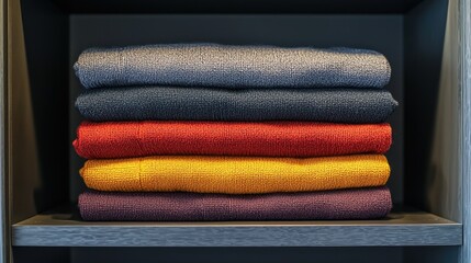 Neatly folded clothes stacked on a shelf in a closet, showcasing shirts, pants, and sweaters organized by color.