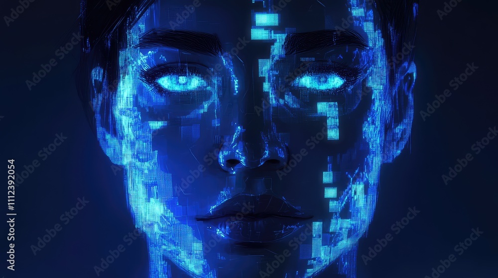 Poster a stylized pixel portrait where the subject face is rendered with glowing pixel blocks in various sh