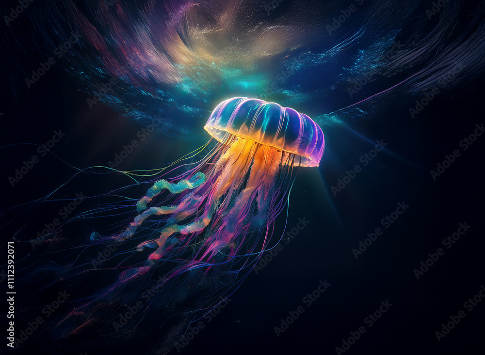 Poster a bioluminescent jellyfish gracefully floats in a deep ocean, bathed in vibrant, otherworldly light.