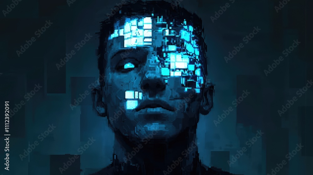 Poster a stylized pixel portrait where the subject face is rendered with glowing pixel blocks in various sh