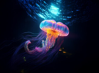 A bioluminescent jellyfish gracefully floats in the deep ocean, its vibrant, translucent bell and long tentacles illuminated by an ethereal glow.  The dark water swirls around it, creating a mesmerizi