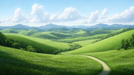 Obraz premium A winding dirt road leads through a picturesque valley with rolling green hills and a clear blue sky with fluffy white clouds.