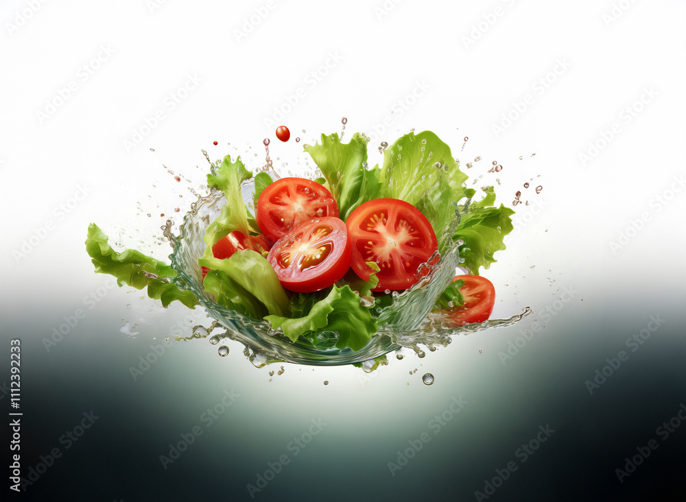 Poster fresh salad with sliced tomatoes and lettuce, suspended in a splash of water. a vibrant and healthy 