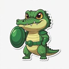 Obraz premium A chibi superhero crocodile in a green suit, smiling mischievously while holding a big shield, sticker style with a white background. 