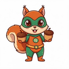 Obraz premium A chibi superhero squirrel with a brown and green suit, holding acorns in both hands, looking excited, in sticker style, plain white background. 