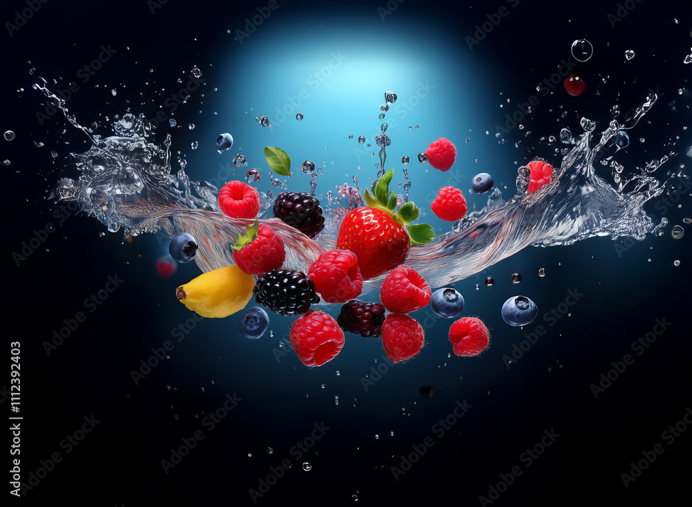 Poster a vibrant splash of water freezes assorted berries and a banana mid-air, creating a dynamic, juicy i