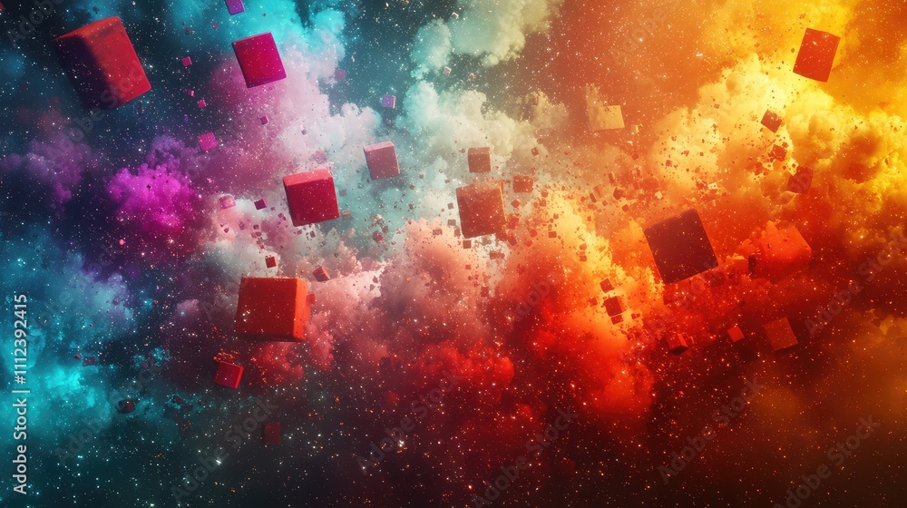 Poster a surreal abstract scene featuring pixel blocks breaking apart and merging into a cloud of digital n