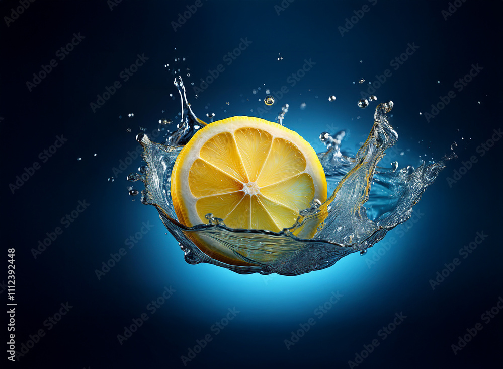 Poster a vibrant lemon slice creates a dramatic splash in clear water against a dark blue background. the i