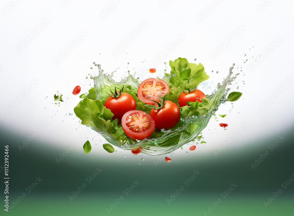 Poster fresh tomatoes and lettuce leaves suspended in mid-air, with water splashing around them, creating a