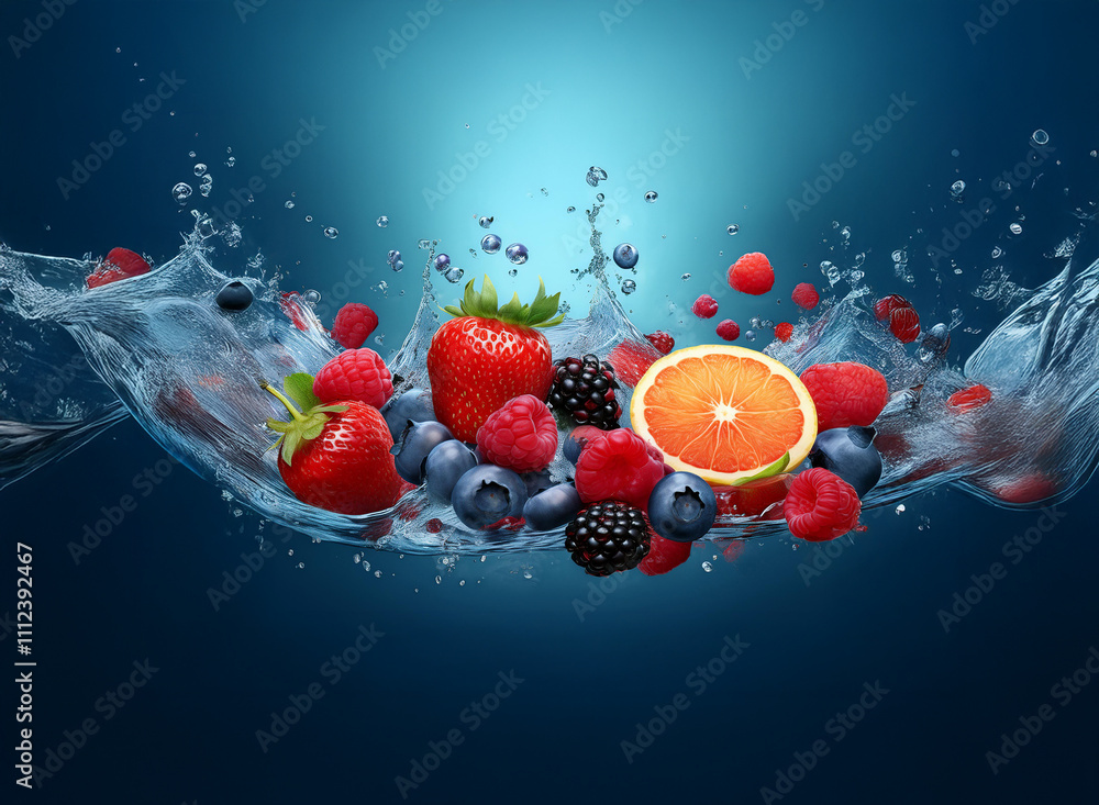 Aufkleber vibrant mix of fresh berries and citrus fruit splashing in clear water. a burst of color and juicy f