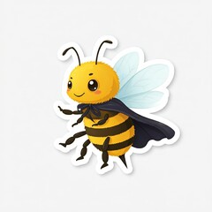 Fototapeta premium A chibi superhero bee with yellow and black stripes, wearing a tiny cape and buzzing around, in a fun sticker style on a white background. 